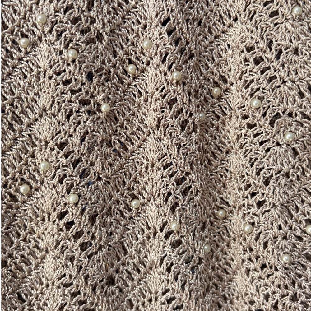 Kroshetta Tan Crochet Cardigan XL Short Sleeve Pearl V-Neck Button Up Sweater - Picture 2 of 3